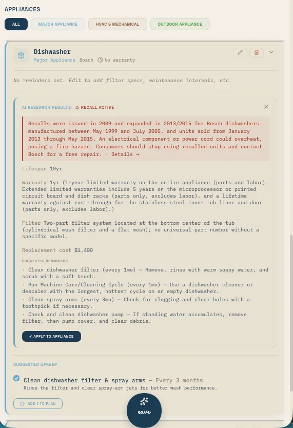Eave Intelligence — automatic research on a Bosch dishwasher: active recall, lifespan, warranty terms, filter spec, and suggested maintenance