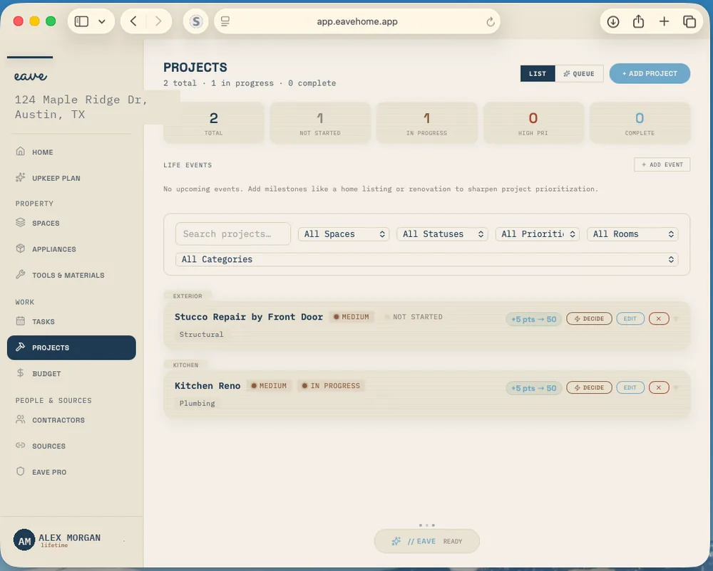 Eave home knowledge base — searchable record of projects and systems